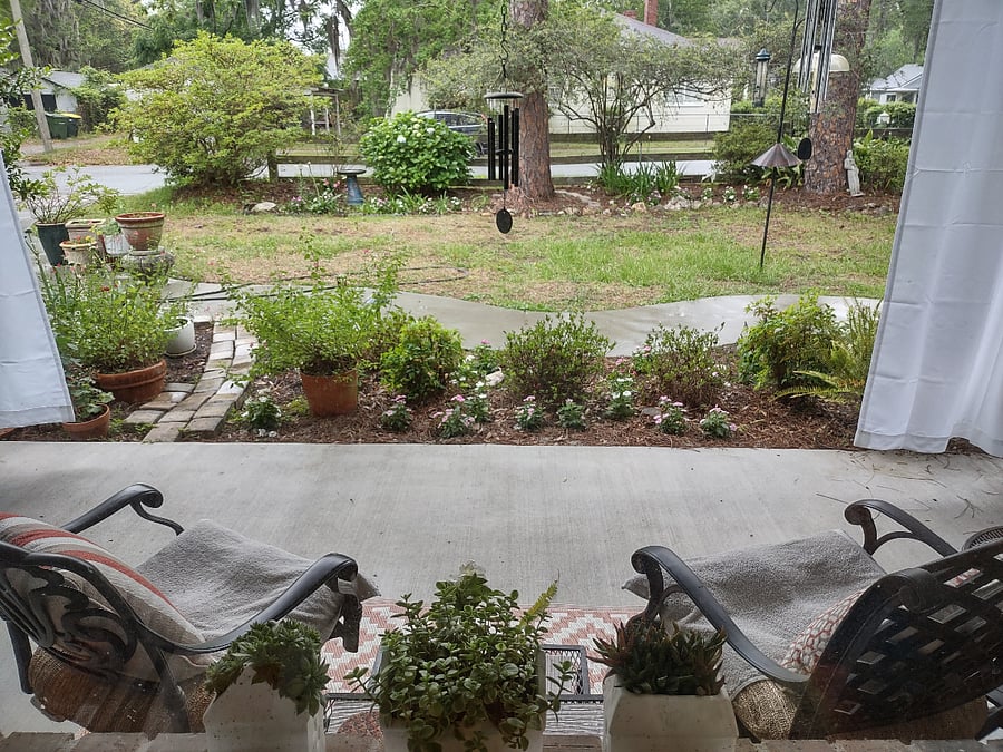The porch is a fabulous spot to enjoy the rain. Everyday is a bird & squirrel watching show!!