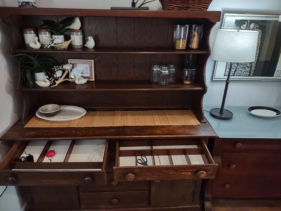 This space has lots of pantry storage! Several pantry containers provided for this 1940s Dutch cupboard.