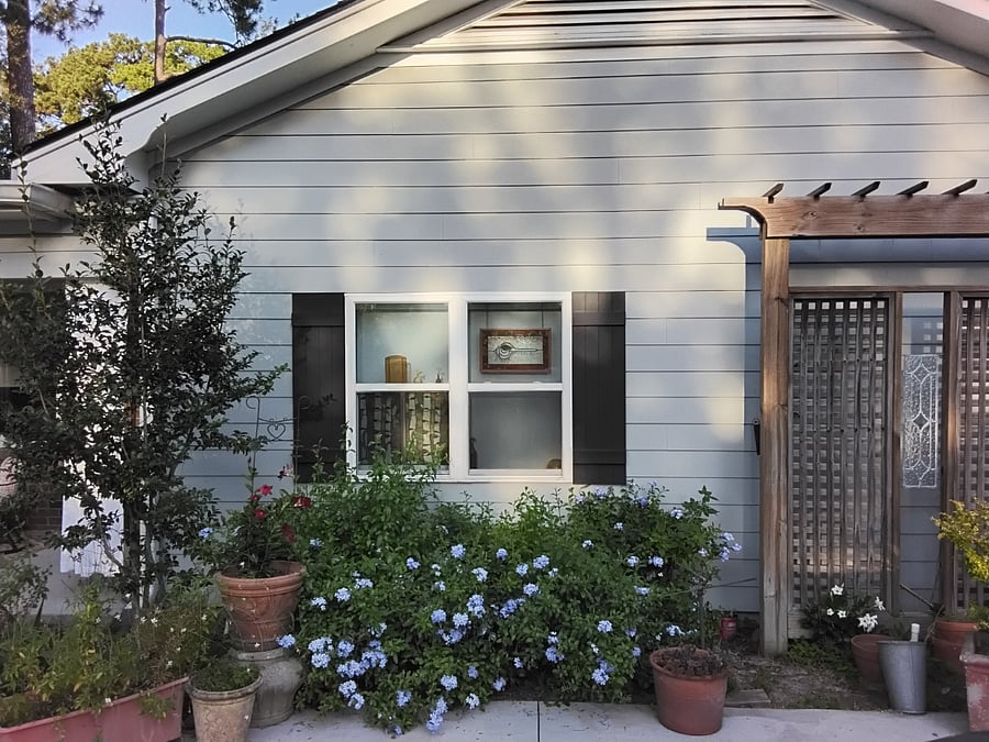 Your kitchen window looks out onto lush and casual landscaping.