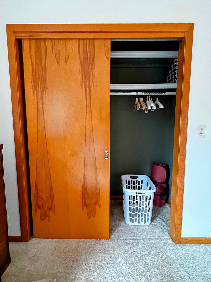 Wood hangers, including sweater hangers, are available in the closet as well as a laundry basket and thick yoga mat.