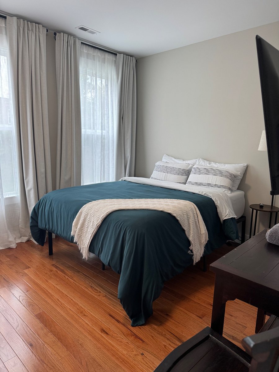 Queen sized bed in bedroom B. Available now.