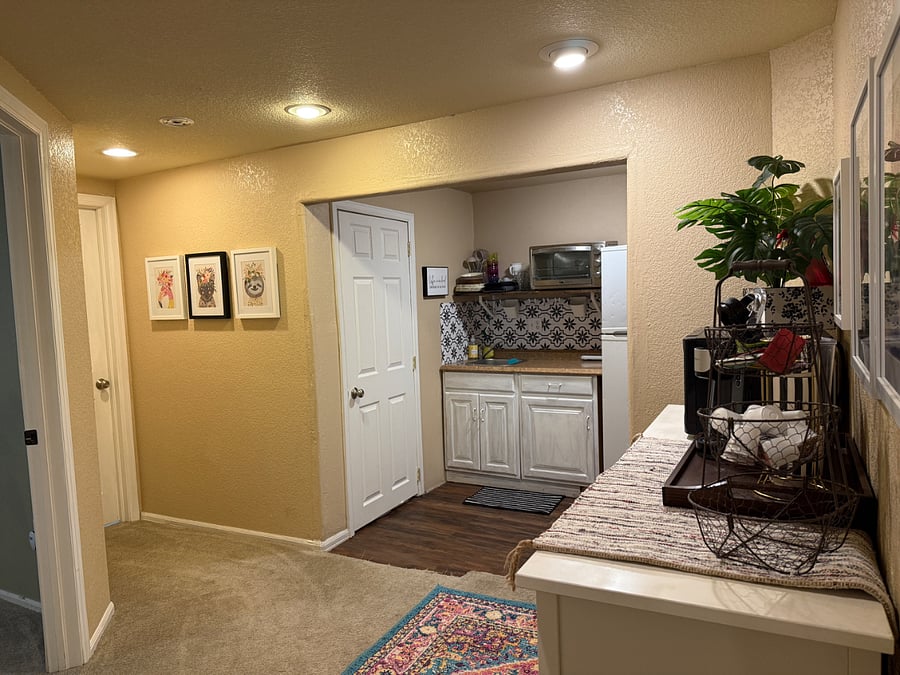 The coffee bar, storage & the kitchenette.