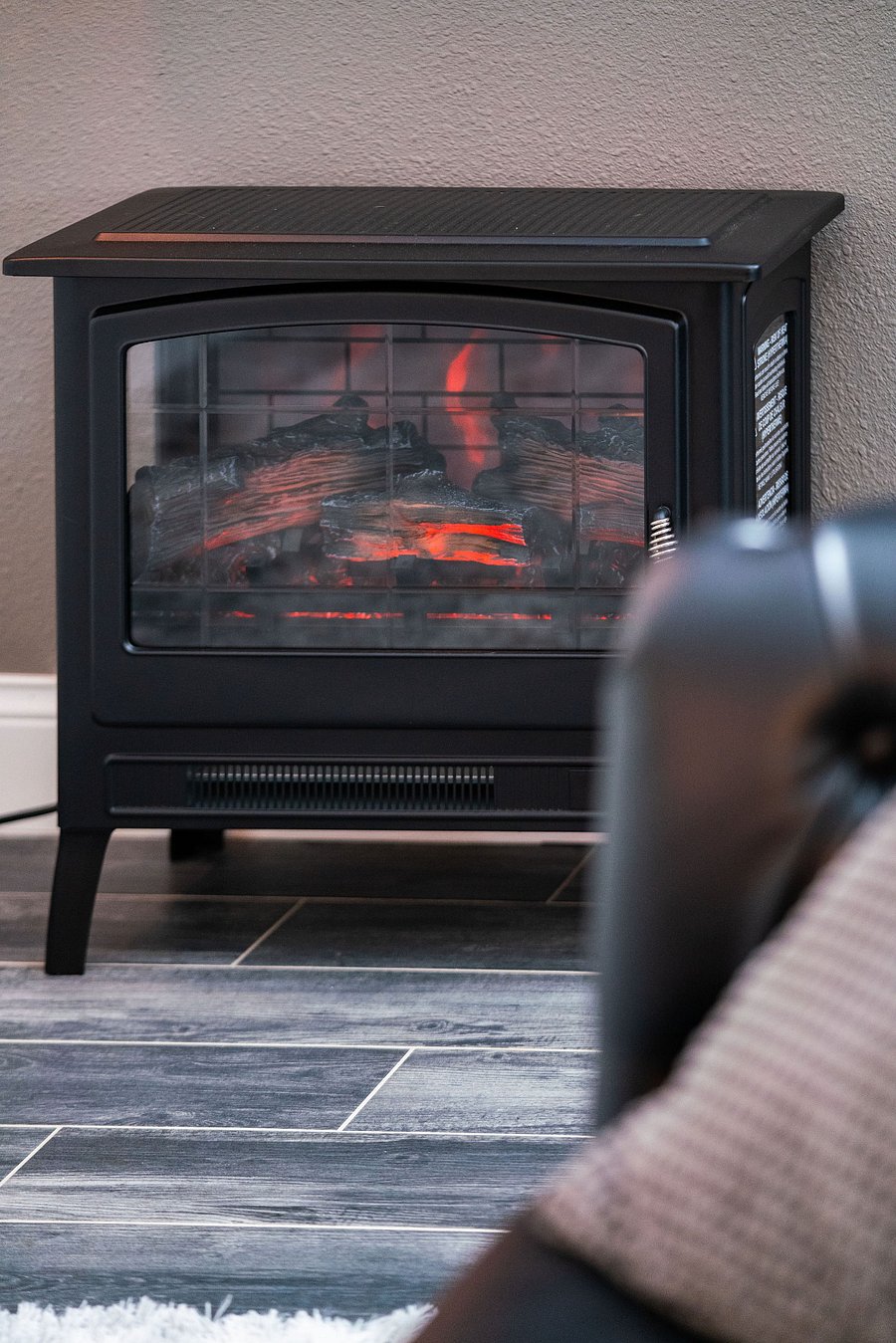 The cottage has an electric fireplace
