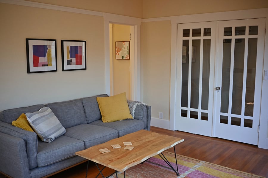 Living Room, walk-in closet and dresser behind those doors, hall to the left