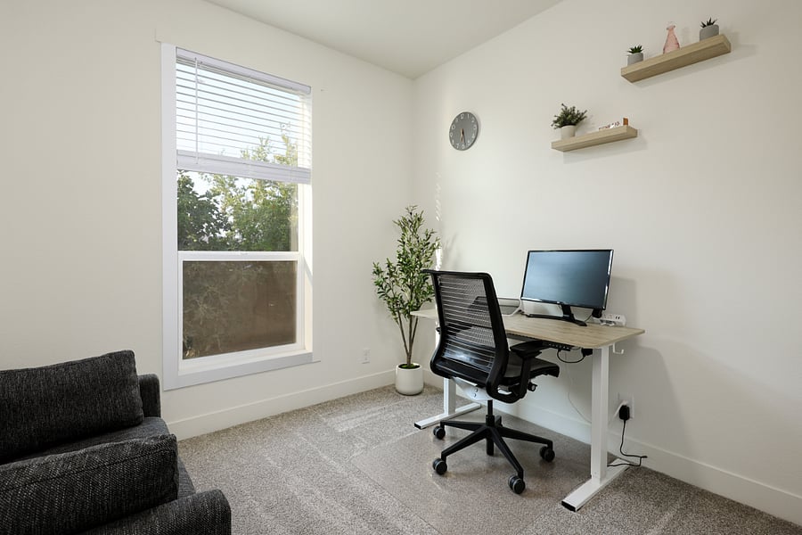 Bedroom 3 is currently furnished as a dedicated office with an adjustable desk and pull-out couch, perfect for remote work or guests. For longer stays, we can furnish it with a twin bed upon request.