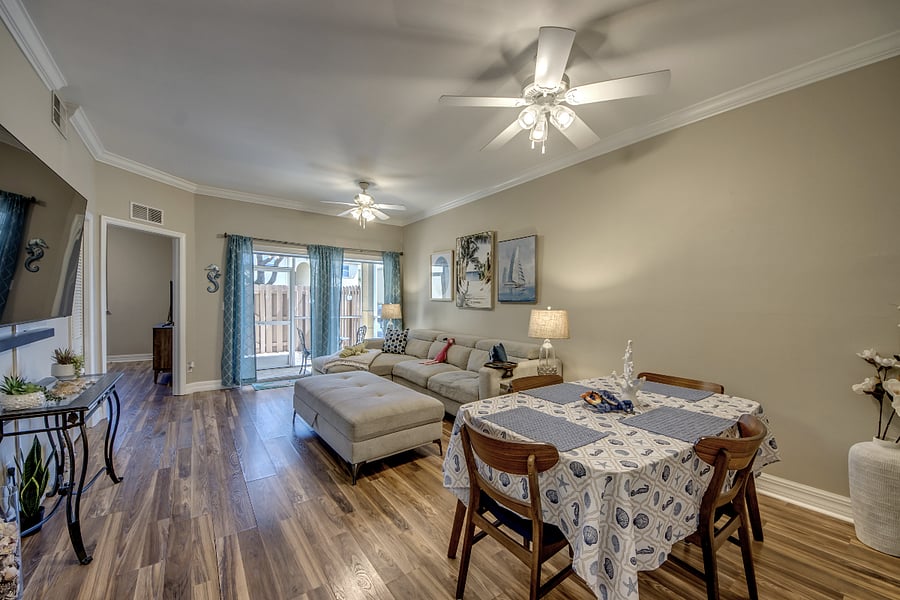 Dining table and living room