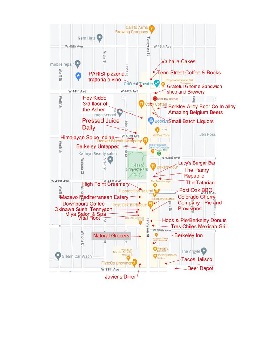 The house is 3 blocks from Tennyson St shops and galleries. Here is a map to all the Food, Drink and Entertainment within walking distance.