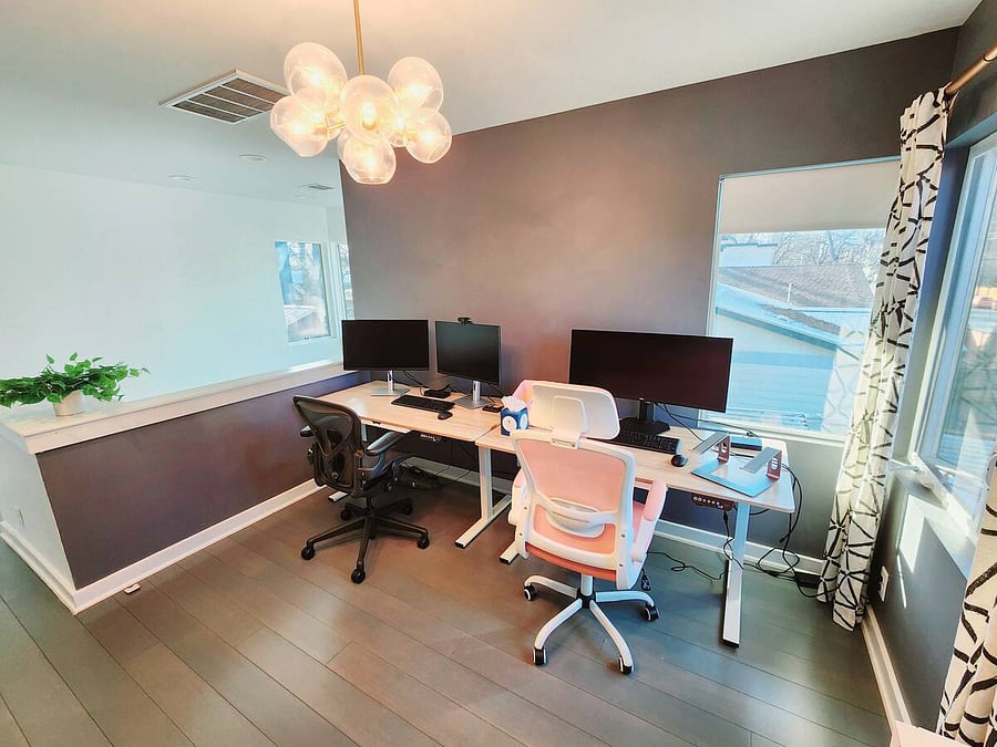 2 Electric sit/stand desks; 1 Herman Miller office chair; 1 Double monitor setup and 1 Dell 34 Inch Gaming monitor; two Lenovo Thinkpad power stations, two keyboard/mouse setup; printer, water cooler; Keurig, fridge & microwave