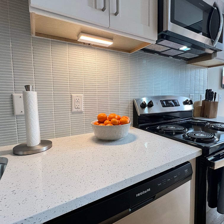Gorgeous high-end backsplash with sparkling quartz countertop.