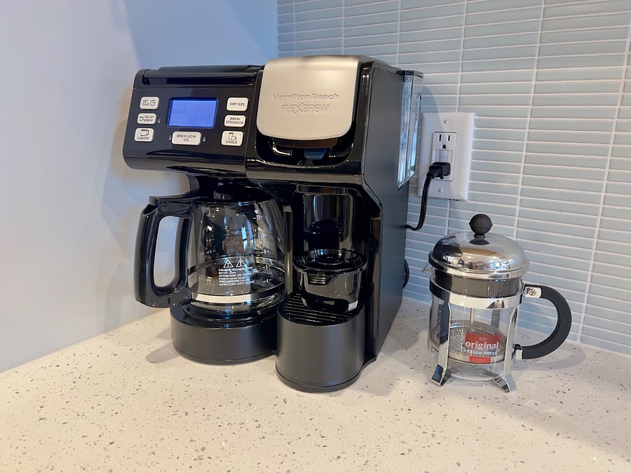 Brew station: traditional drip, pods (prepackaged and loosed grounds), and Bodum French Press.