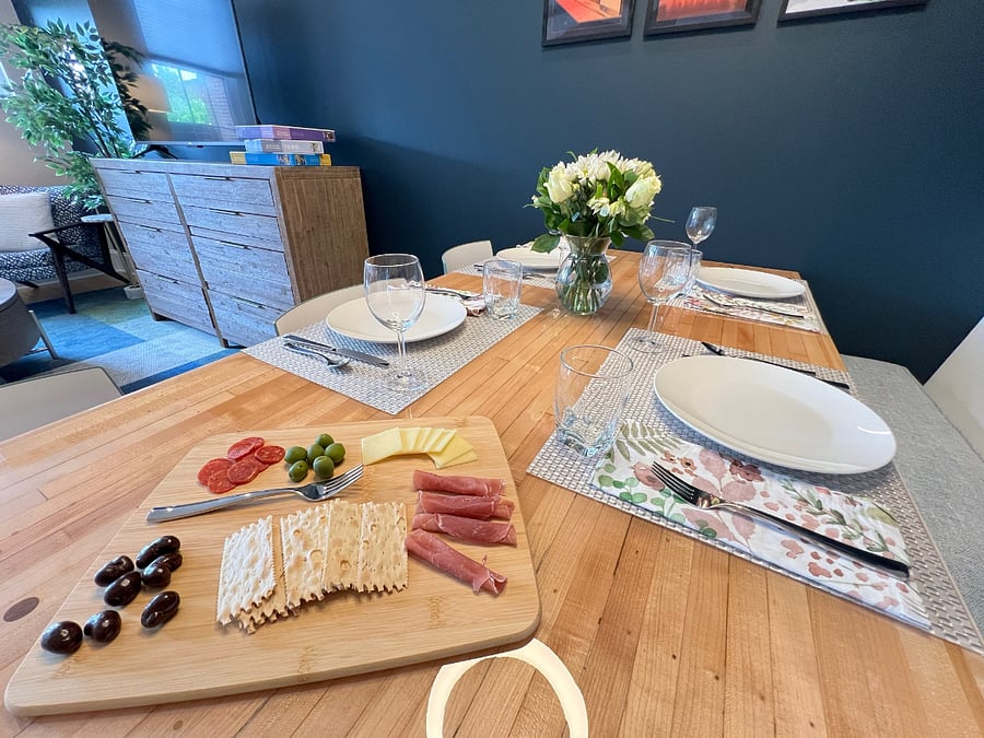 Seating for 6+ at this spacious dining table (storage under the banquette seat).
