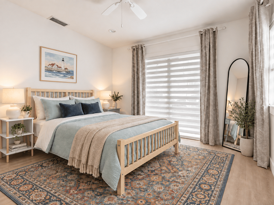 bedroom 3 with queen size bed and slider door access to pool