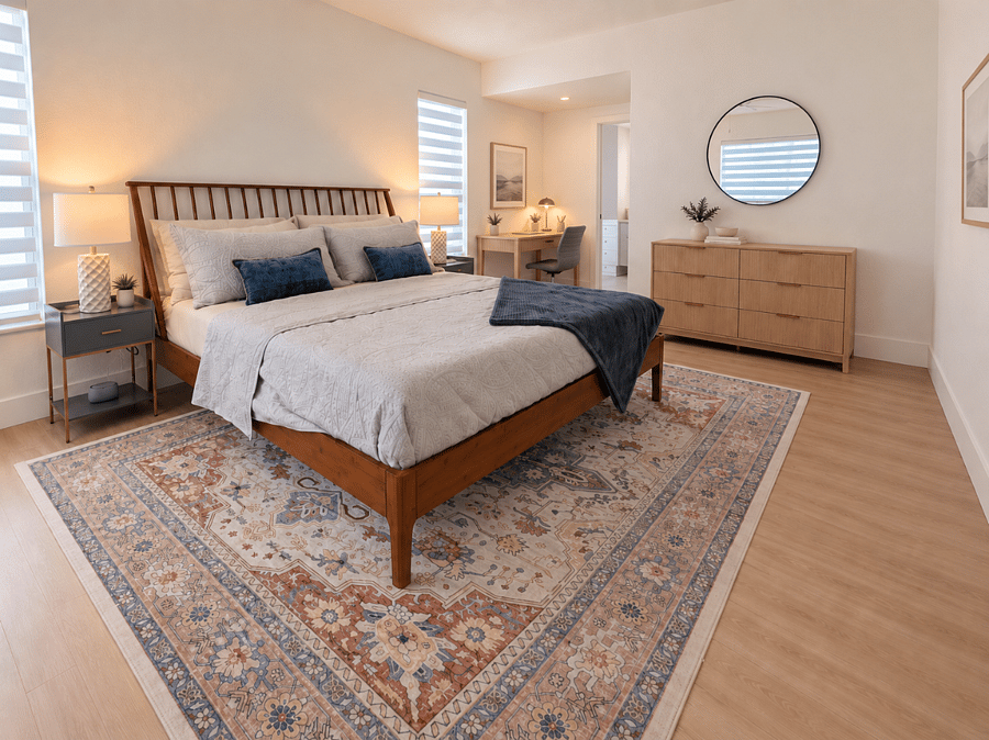 Primary bedroom with king size bed and work area