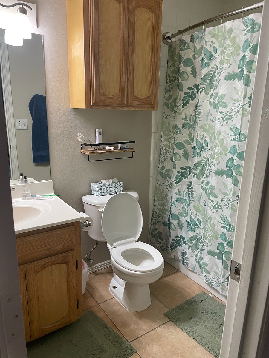 Master bathroom off of the master bedroom. Bathroom has permanently mounted shower rod with liner and curtain. Overhead and under the cabinet storage space for toiletries, towels, toilet paper. Small utility shelf for cosmetics and medications.