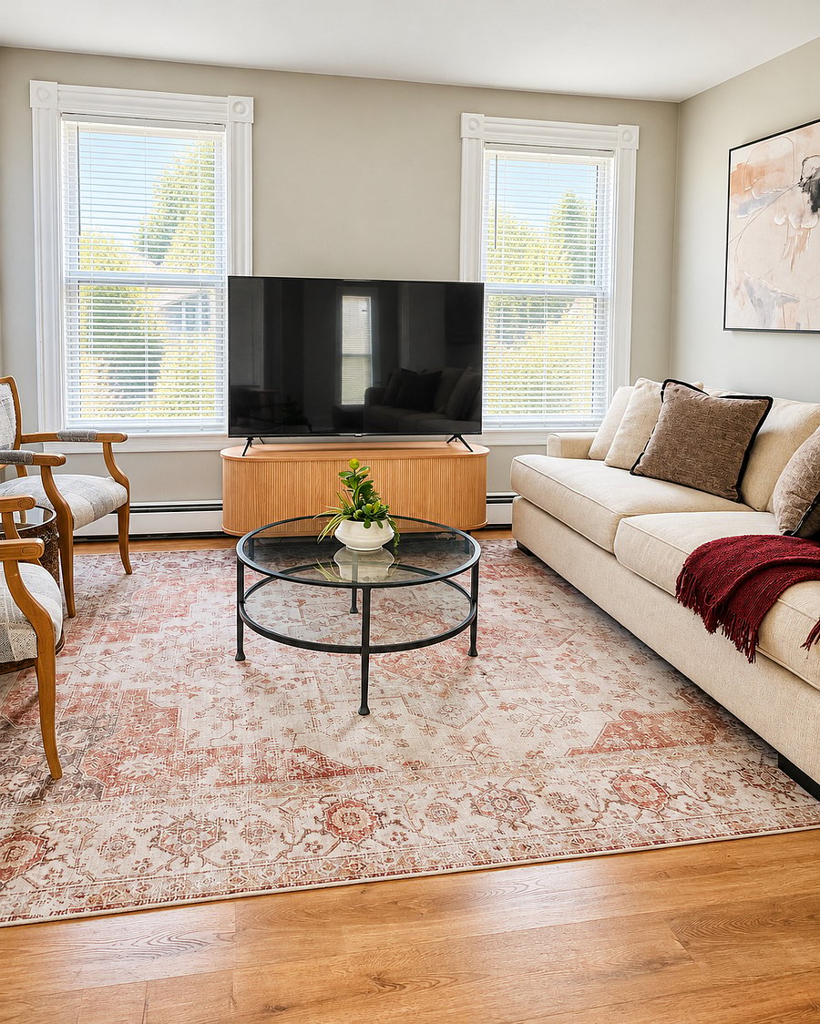 Living room with 65 in smart tv