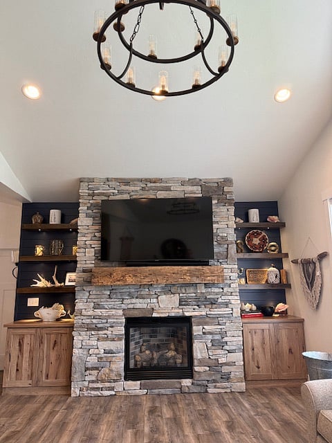 Samsung Smart TV above gas fireplace 