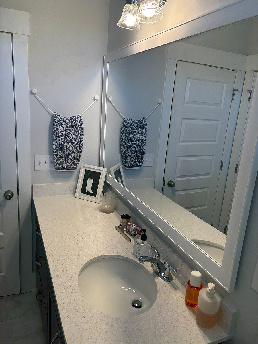 Large counter and mirror in private bathroom.