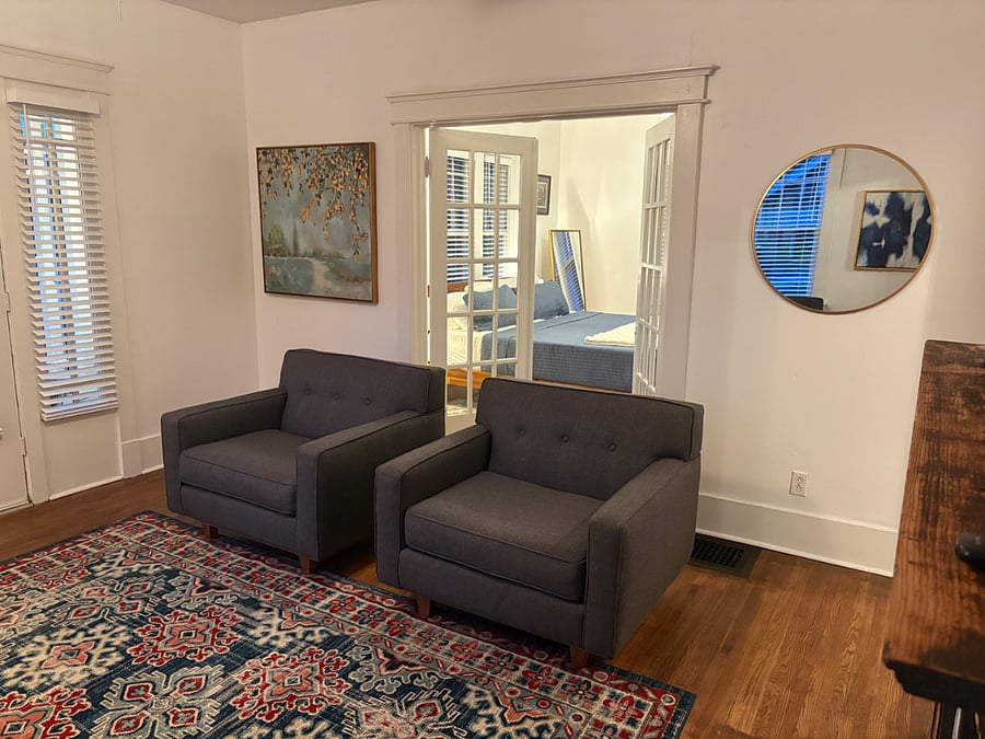 View from living room into master bedroom.
