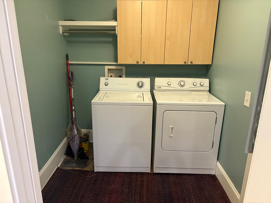 Washer and drier with cleaning supplies.