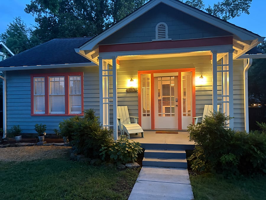 Exterior view in the evening. Your home awaits!