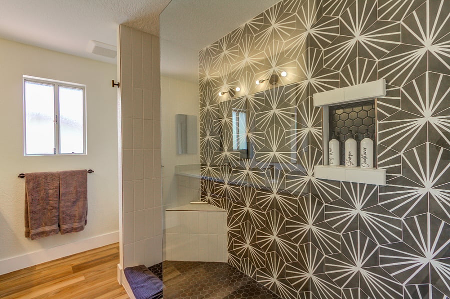 Bathroom with Dual Vanity Sinks and Walk-in Shower