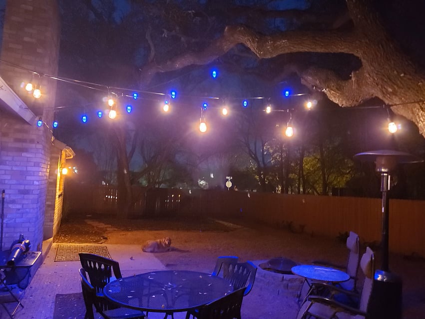 Backyard with deck, walking ramp, outdoor lights, firepit and firetower