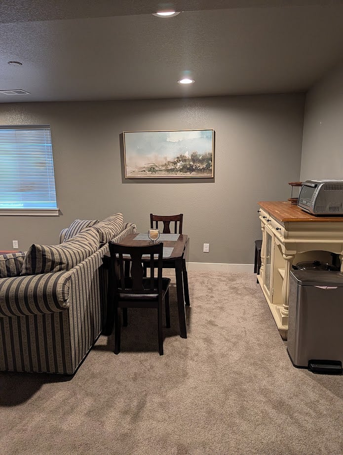 Dining table, console table, and full-size toaster oven