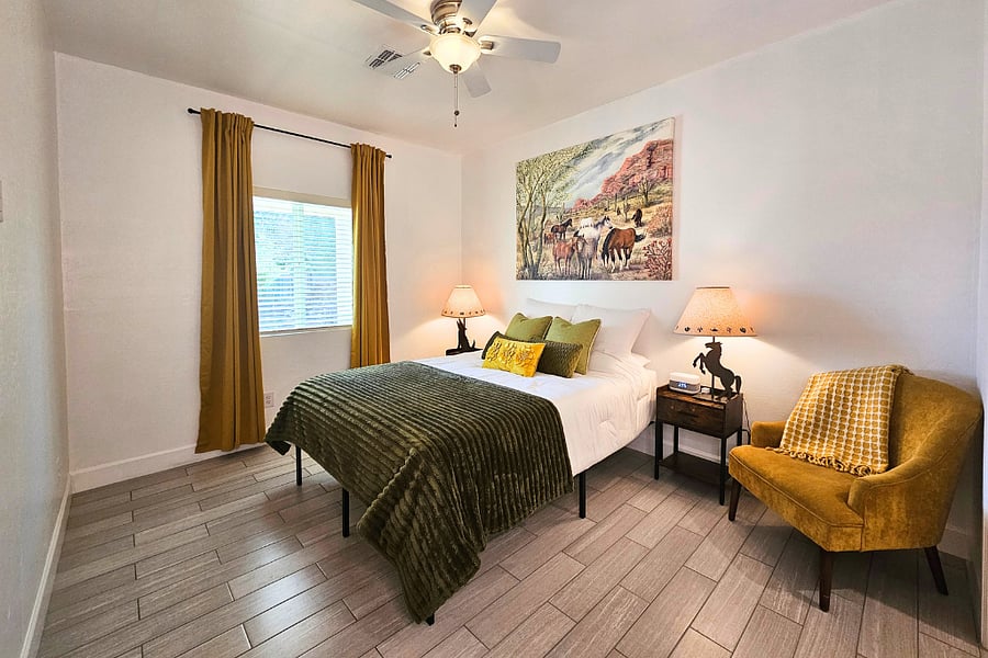 1st bedroom has queen size bed, blackout curtains, ceiling fan, cool mist diffuser/humidifier and sound machine to ensure a restful sleep anytime.