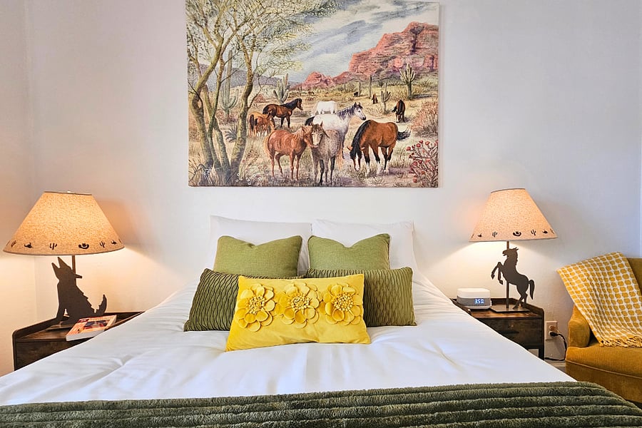 Southwestern decor paired with modern convenience of nightstands with charging stations.