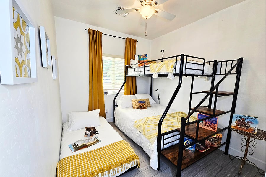 A twin trundle bed is hidden under the bunk for extra sleeping space!