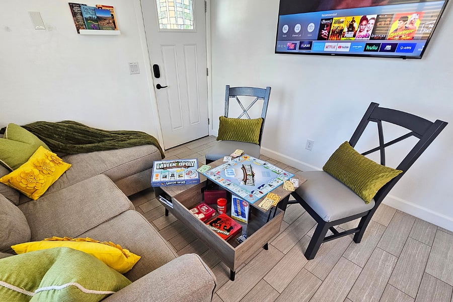 Plenty of cards & board games for a fun night right inside the coffee table...