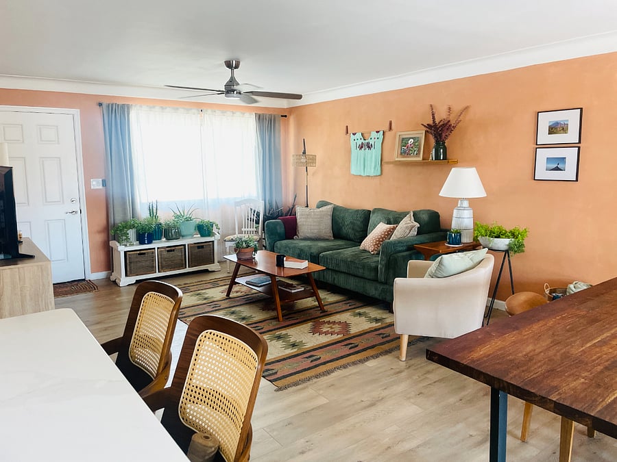 View of bar and living room from kitchen
