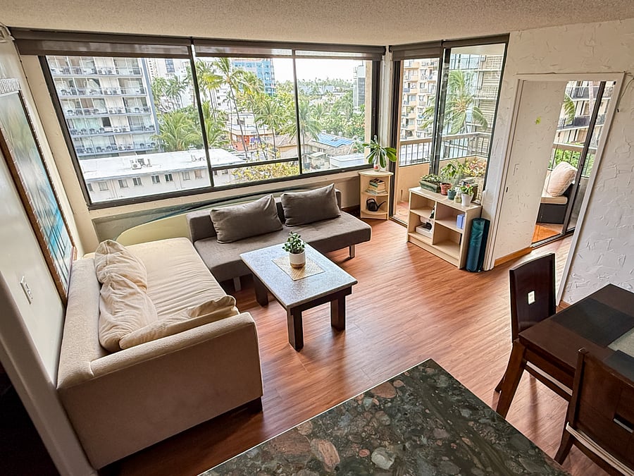 View looking west toward DeRussy Park from the living space (couch has been replaced)