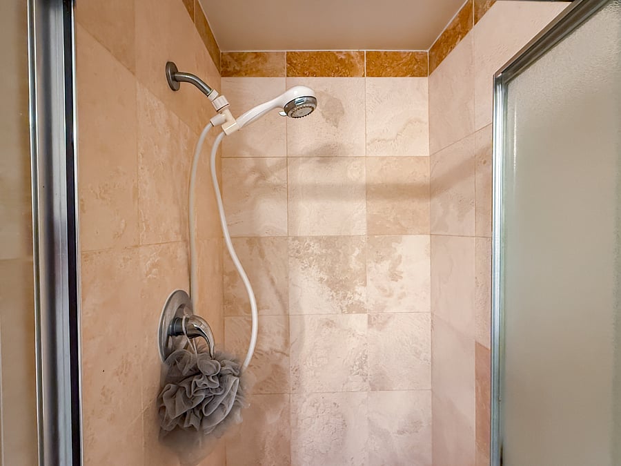 The shower in the private bathroom for rent.