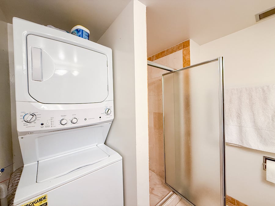 The washer / dryer is next to the shower in the bathroom.