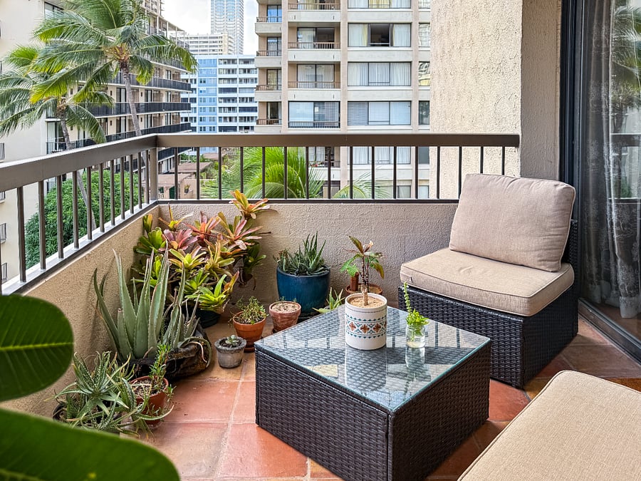 The lanai with outdoor furniture, plants and herbs.