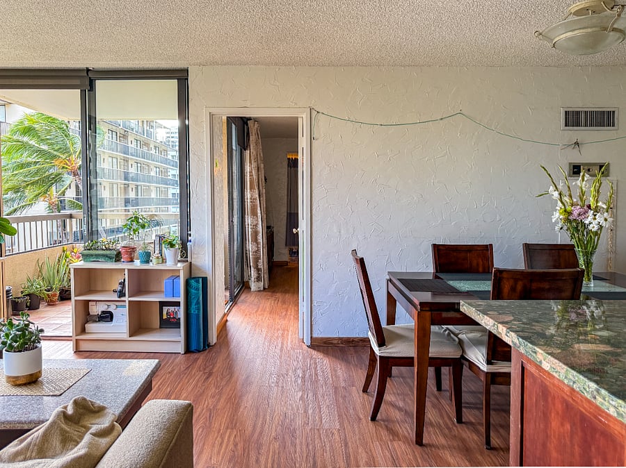 Our bedroom & bath is shown straight ahead. Dinging table for 6 people on the right. The second bedroom & bath are on the opposite end of the apartment.