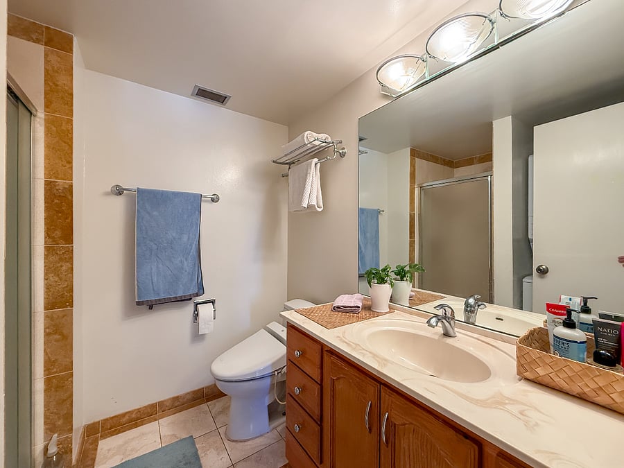 The apartment has two bathrooms, one is in our bedroom and this is the private bathroom that is across the hall from the bedroom for rent.
