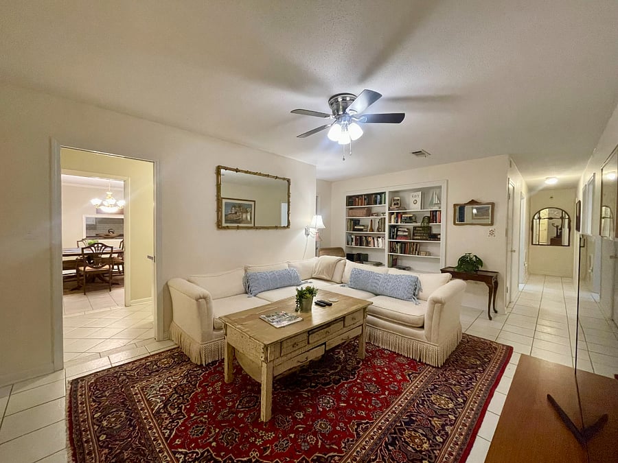 Family room with TV and books
