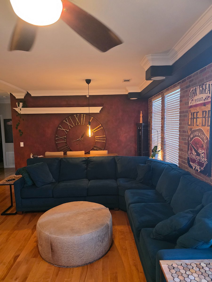 Remarkably cozy sectional to unwind and watch TV, nap, read or just be still. Console table with 3 stools makes an ideal work from home space, or eat and watch the game place.