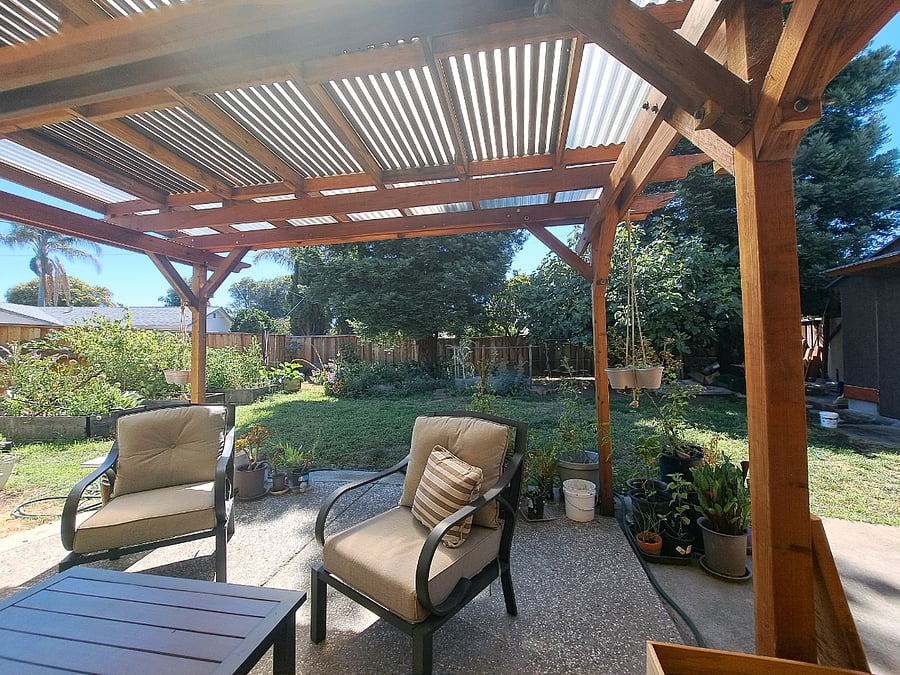 Back yard trellis and relaxing area