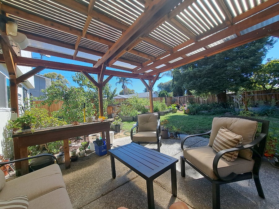 Back yard trellis and relaxing area