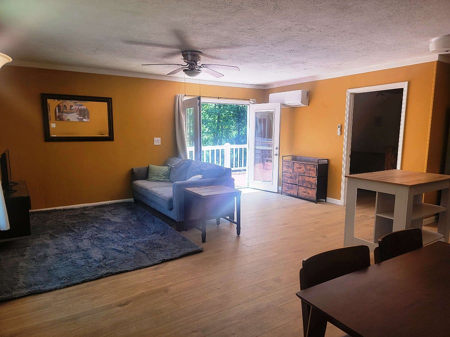 From the front door, looking through the living room to the French doors.