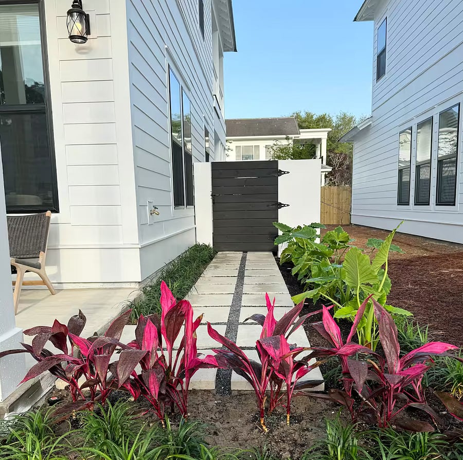 Walkway to back yard and upstairs entrance. tropical Landscape