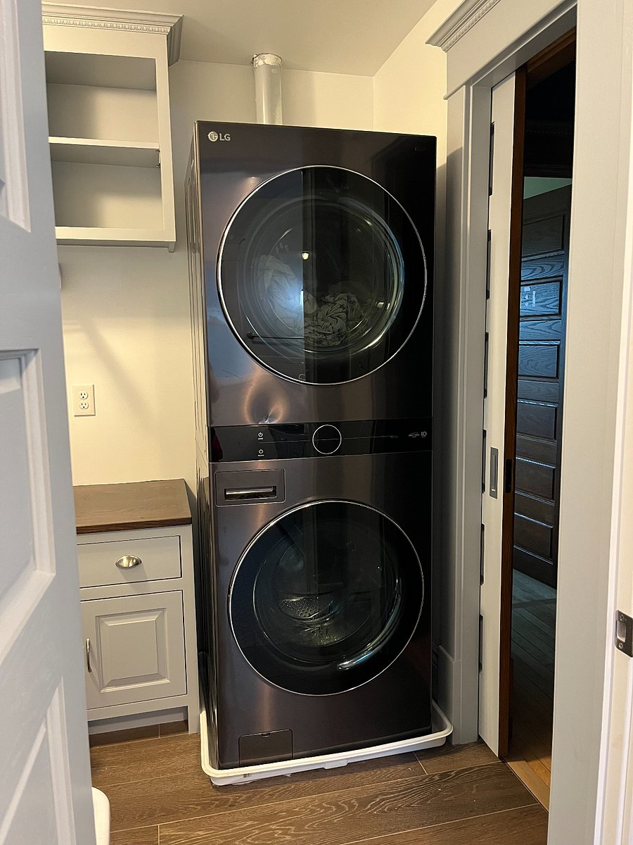 Washer and dryer located on second floor, on the same floor as three of the bedrooms. A solid wood pocket door can be closed to separate noise from the bedrooms.