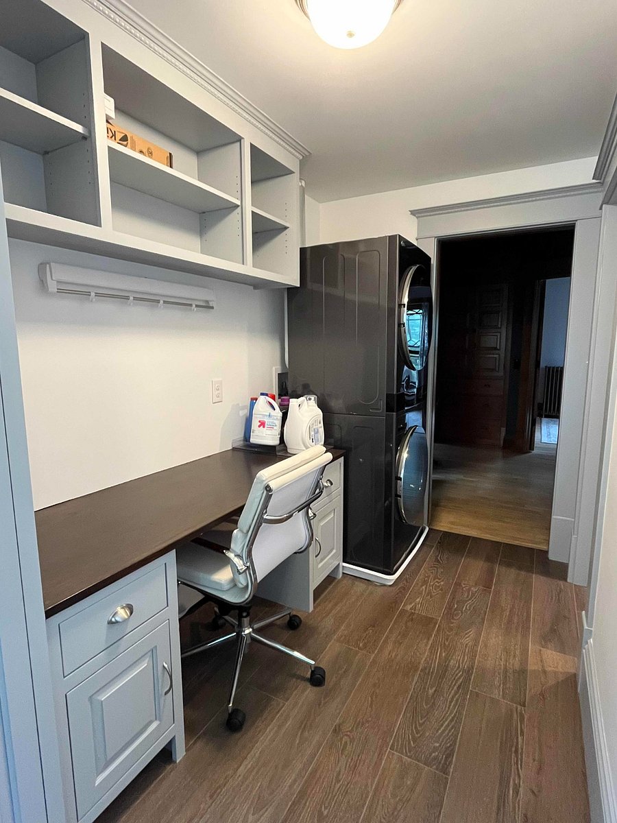 Washer and dryer located on second floor, on the same floor as three of the bedrooms. A hidden clothes drying rack is above the desk. A solid wood pocket door can be closed to separate noise from the bedrooms.