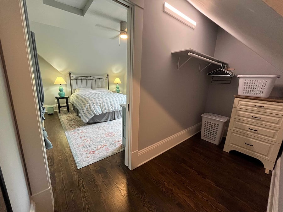 View from inside the walk-in closet of the attic bedroom.