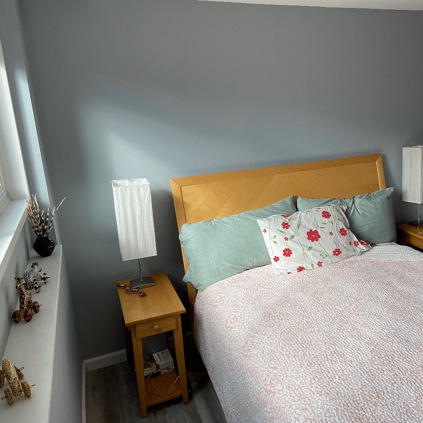 Bedroom: queen bed, large closet, morning sun & blackout shades.