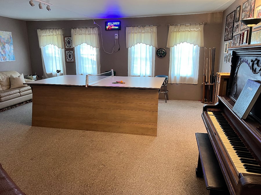 Ping pong, billiards, upright grand piano