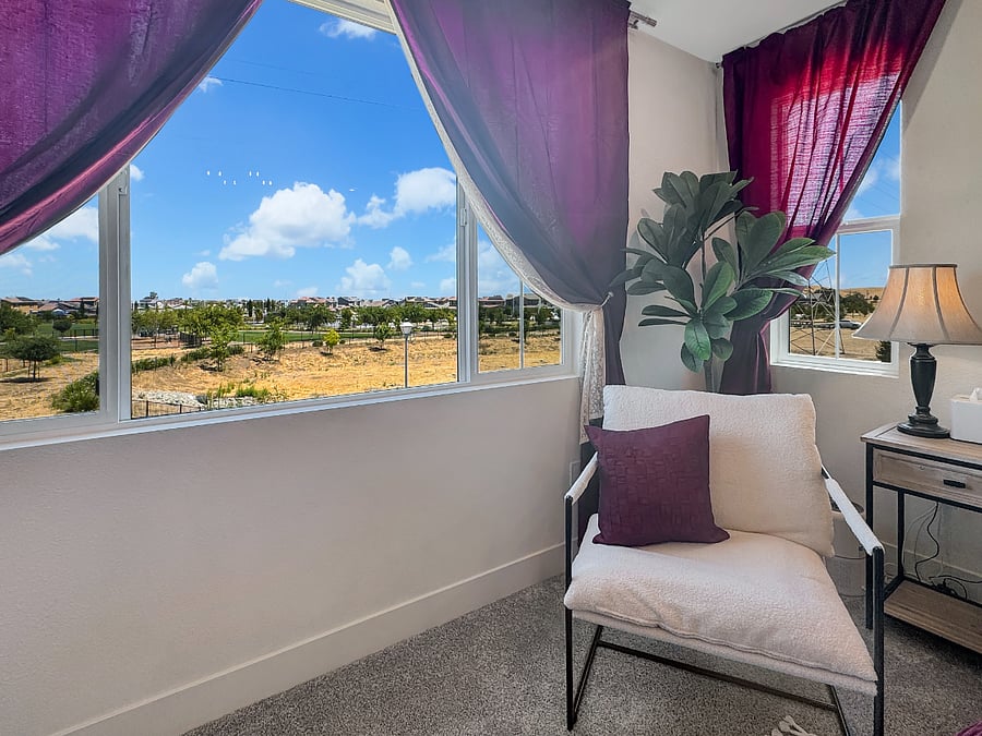 "Red Room" 
The luxurious master suite of Grande Majano! Featuring a view of the park from a grand window, king size luxury mattress, vanity, smart tv, and huge master bathroom and walk-in closet.
